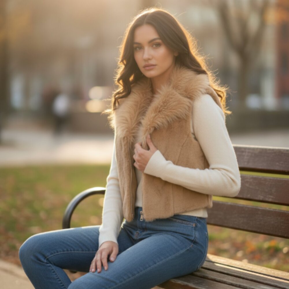 NWT Guess Women Khaki Tan Multi Emma Faux-Fur Vest XS